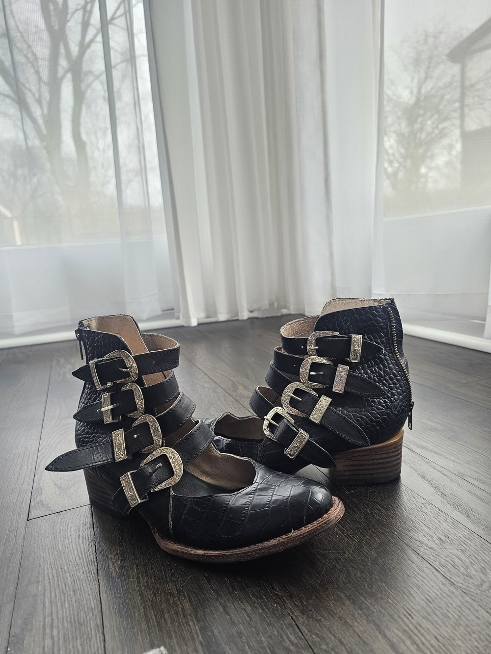 freebird Black Croc-Textured Multi-Buckle Ankle Booties